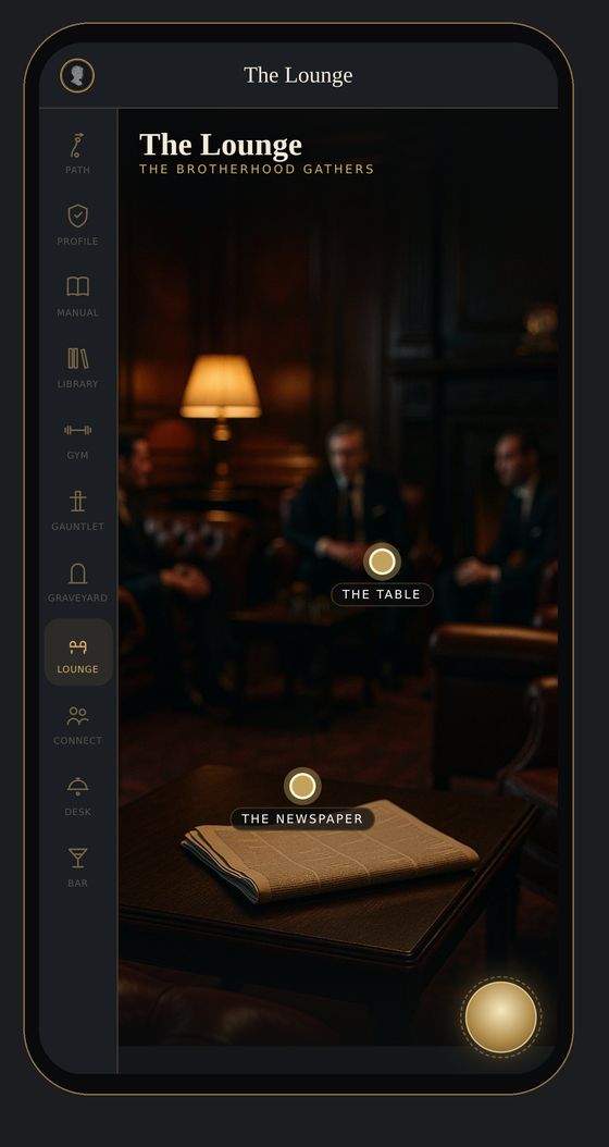 The Lounge on a phone: a lamplit sitting room of leather chairs, a folded newspaper on the table in the foreground.